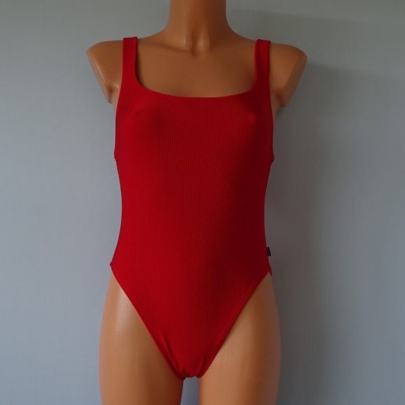red ribbed one piece swimsuit